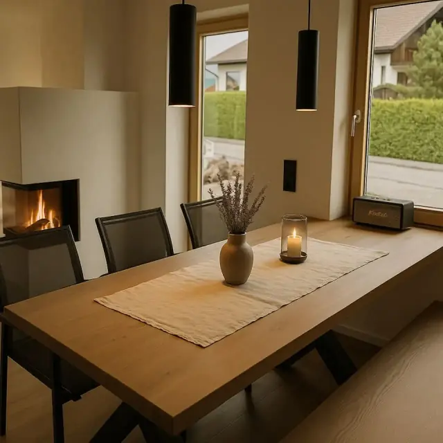 Esstisch direkt am Kamin
