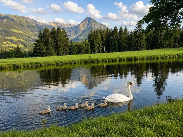 Schwanenfamilie am Grundbach in Fischen im Allgäu