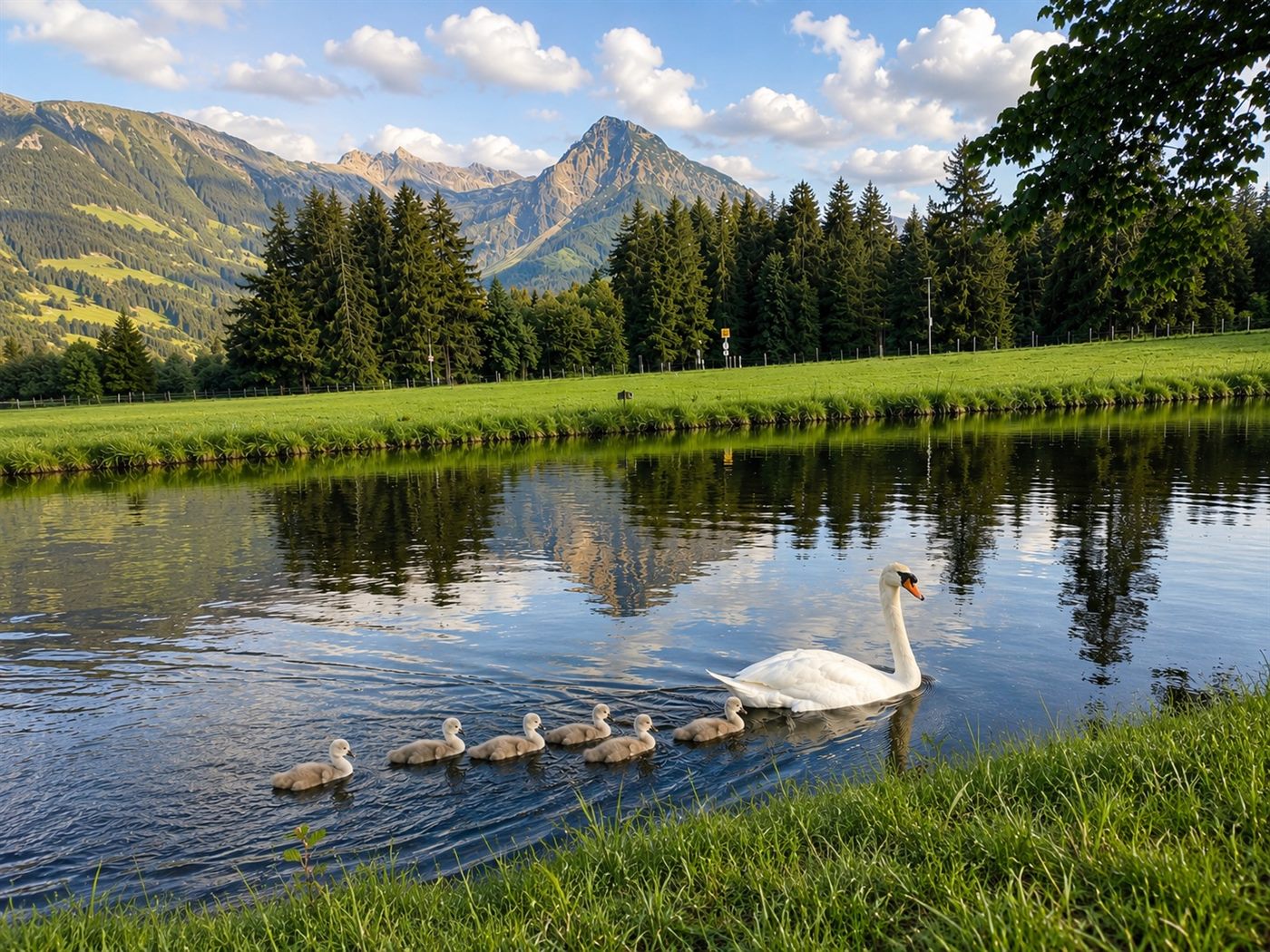 Schwanenfamilie am Grundbach in Fischen im Allgäu